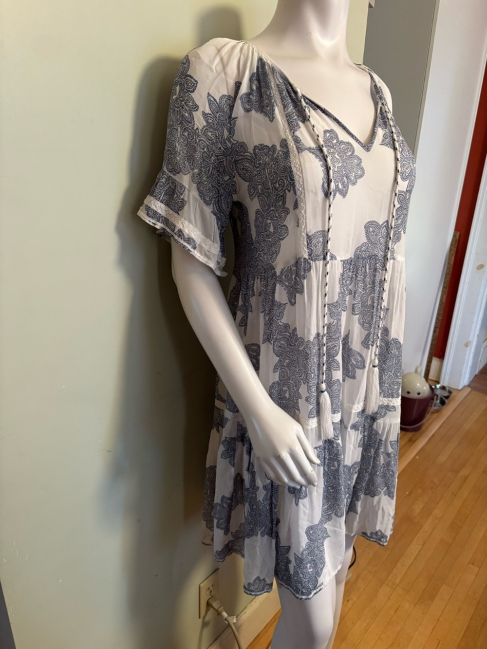 White and Blue Floral V-Neck Sheer Coverup Dress with Tassel Tie